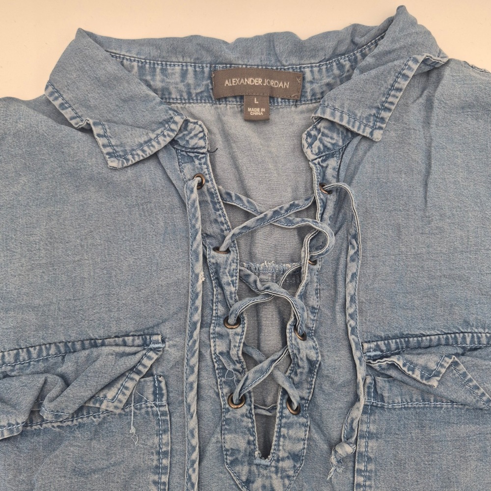 Alexander Jordan Blue Tencel Lace Up Chambray Top Long Sleeve Blouse Large